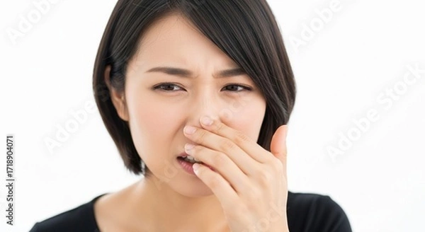 Fototapeta 手の匂いを嗅いで臭さに困惑する日本人女性