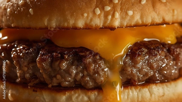 Obraz Close-up of a juicy cheeseburger dripping with melted cheese.