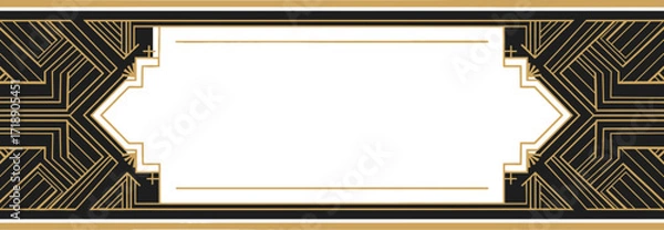 Fototapeta Art deco frame with black and gold geometric pattern on white base editable stock