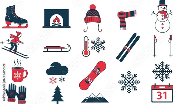 Fototapeta Winter themed icons including skiing and snowboarding elements editable stock