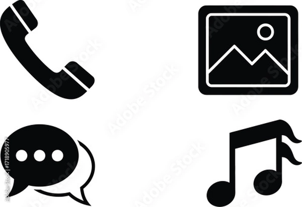 Fototapeta Four black media icons arranged on a white background surface editable stock