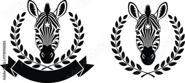 Fototapeta Two zebra heads with laurel wreaths and a banner in black and white editable stock