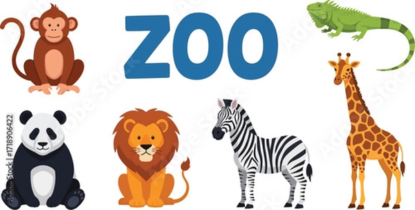 Fototapeta Cartoon zoo animals including a monkey lion zebra and giraffe editable stock