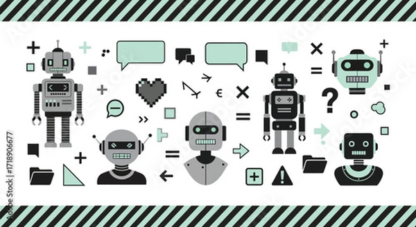 Fototapeta Illustration of various robots and symbols on a white backdrop editable stock
