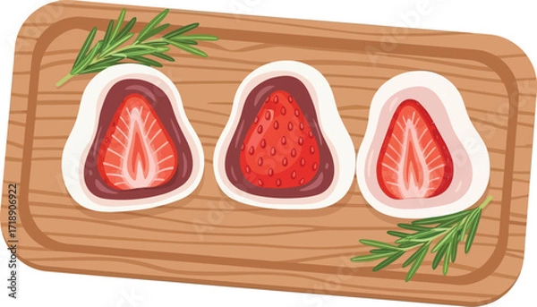 Fototapeta Three strawberry mochi on a wooden board with rosemary garnish editable stock