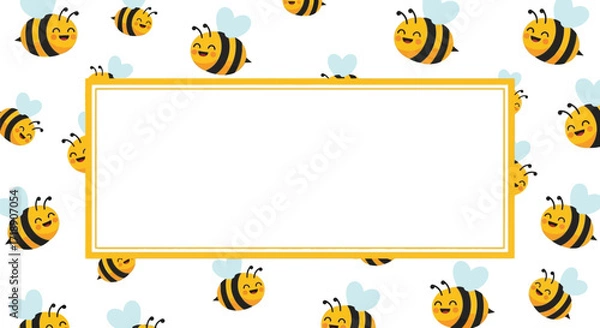 Fototapeta Cartoon bees with a yellow rectangular frame on a white background editable stock