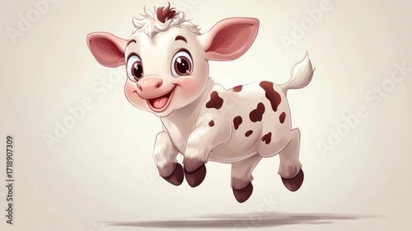 Fototapeta Adorable cartoon calf leaps joyfully, displaying cheerful expression and brown spots