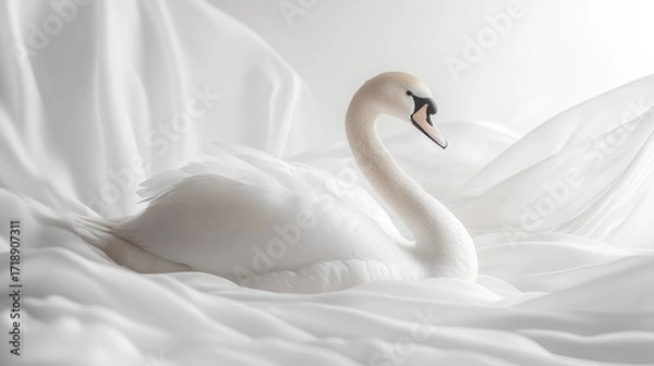 Fototapeta Elegant white swan nestled in soft, flowing white fabric. Serene and graceful pose
