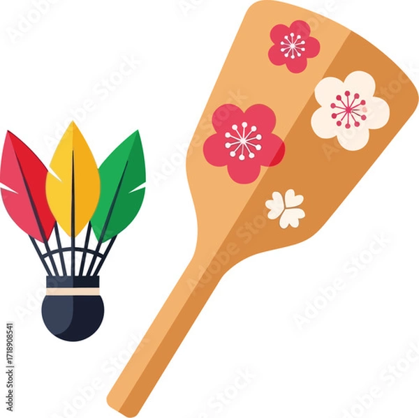 Fototapeta Illustration of a battledore and shuttlecock on a white background editable stock