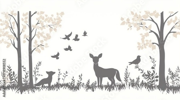 Fototapeta Serene woodland scene with deer, fox, birds, and trees