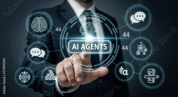 Fototapeta Businessperson Pressing Futuristic AI Agents Button with Digital Brain and Automation Icons
