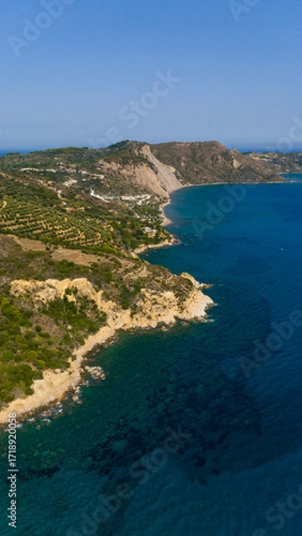 Fototapeta Paralia Dafni Beach Zakynthos Greece aerial view of sandy shoreline with turquoise Ionian Sea and dramatic coastal cliffs