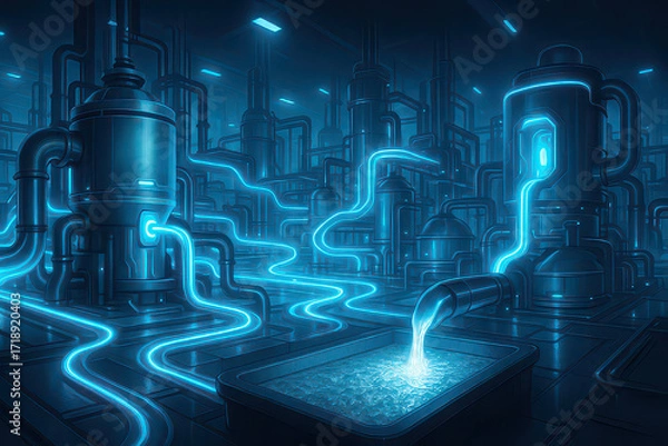 Fototapeta Futuristic factory with glowing blue pipes and liquid flowing through advanced system