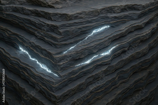 Fototapeta Layered dark rock formation with glowing white veins creating striking natural pattern