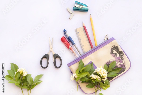 Fototapeta stationary with bag education arrangement flat lay style on background white 