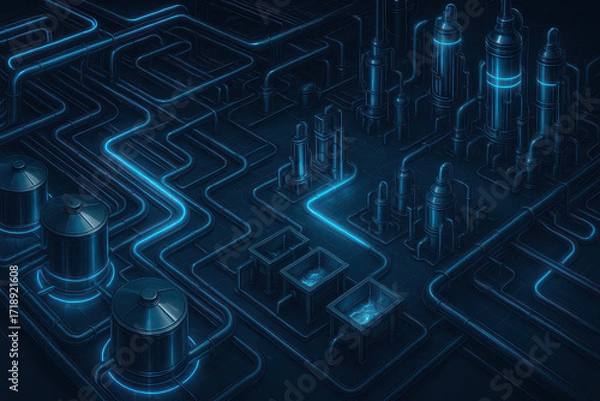 Fototapeta Industrial factory with glowing blue pipes and tanks in futuristic setting