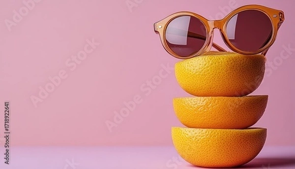 Fototapeta Stacked Oranges with Sunglasses on Pink Background