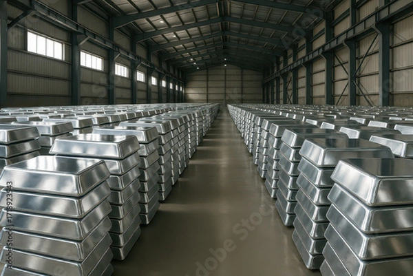 Fototapeta Metal ingot warehouse with shiny silver bars stacked in rows inside large industrial building