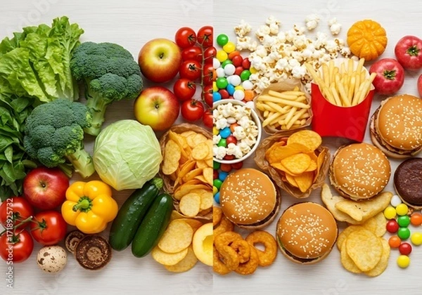Obraz An overhead shot showcasing the choice between a nutritious and unhealthy diet