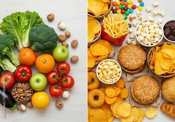Obraz An overhead shot showcasing the choice between a nutritious and unhealthy diet