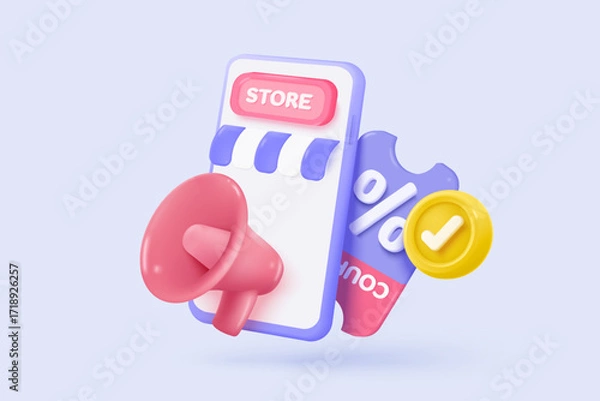 Fototapeta 3d megaphone speaker or loudspeaker bullhorn for announce promotion in background, megaphone loud hailer with microphone, speakerphone. 3d icon vector render illustration for alert and announcement