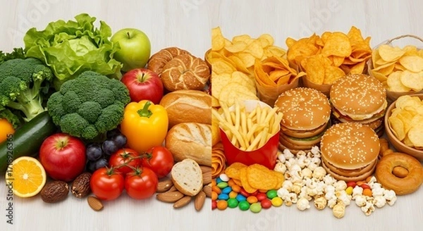 Obraz An overhead shot showcasing the choice between a nutritious and unhealthy diet
