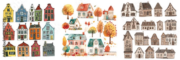 Fototapeta Colorful city building architecture vector set illustration