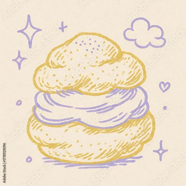 Obraz ふんわりとした生地にクリームを挟んだシュークリームのベクターイラスト。かわいい手描き風で、カフェメニューや洋菓子デザインに使いやすいスタイルです