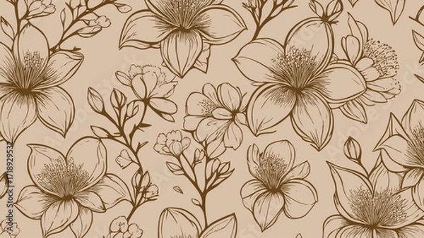 Fototapeta Beige and beige seamless patterns background with flowers sakura.  Botanic tropical wallpaper with daisies flower and leaves. 