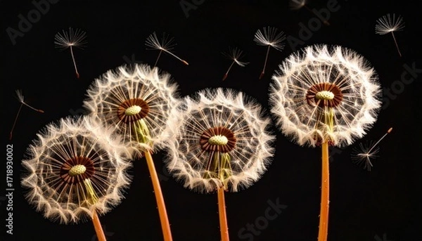 Fototapeta A group of dandelions moving gently, seeds floating freely in the wind