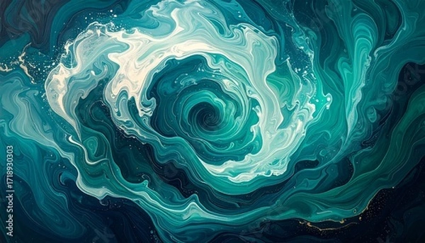 Fototapeta Turquoise, teal, and emerald paint merging in smooth gradient flows