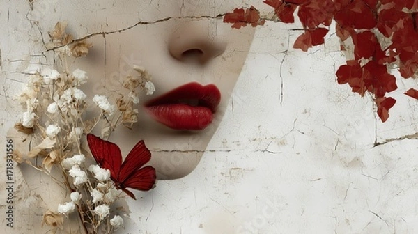 Fototapeta Close-up of red lips beside dried flowers and a butterfly, creating a surreal, artistic composition with textured background.