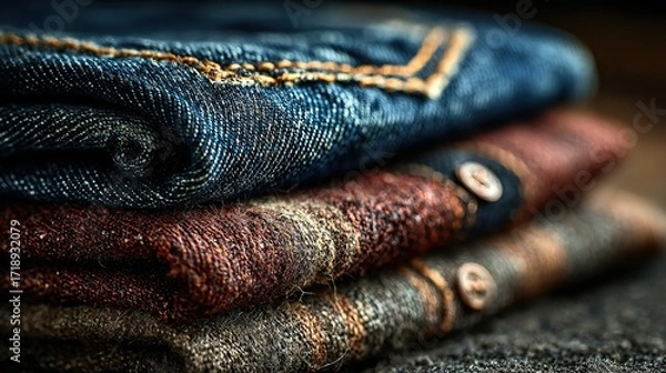 Fototapeta Stack of folded clothes including denim and flannel shirts on a surface.