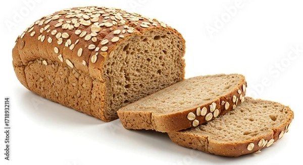 Obraz A fresh, brown loaf of whole-wheat bread with two slices on a white background