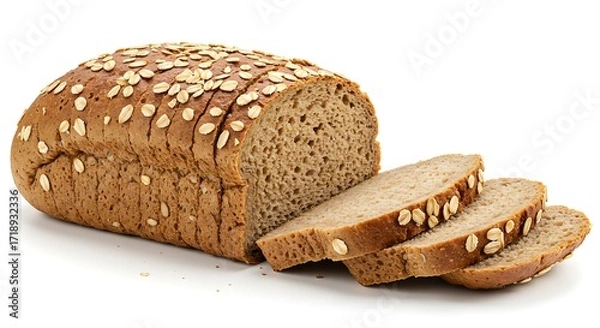 Obraz A fresh, brown loaf of whole-wheat bread with two slices on a white background