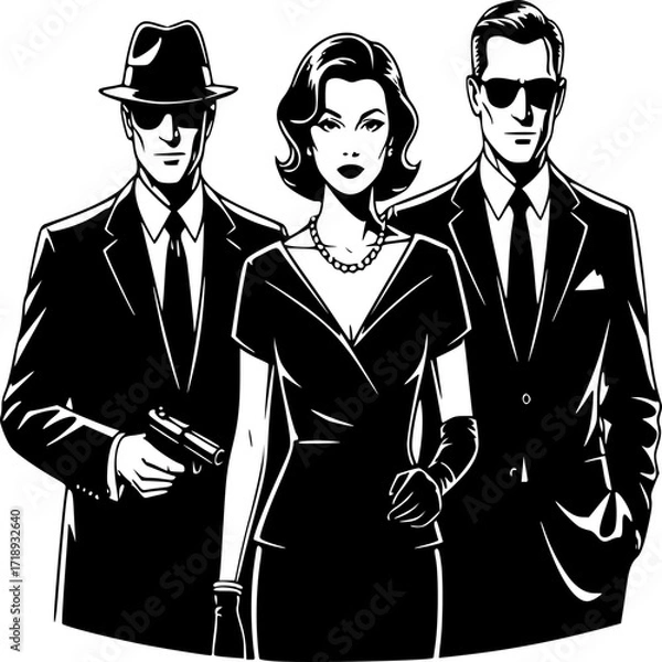 Fototapeta Elegant Espionage: A monochrome portrayal of a stylish woman and two sharp-dressed men, exuding an aura of intrigue. The scene is filled with a subtle suspense, suggestive of covert operations.