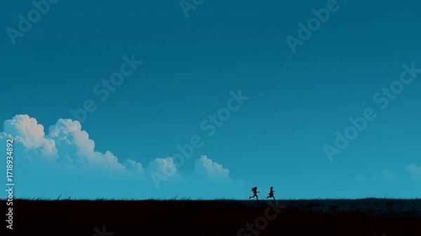 Fototapeta Silhouetted children running joyfully across a vast open field under a clear blue sky with fluffy clouds.