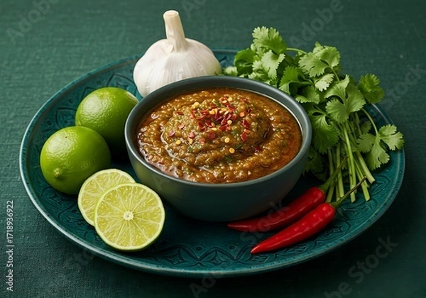 Fototapeta A rustic bowl of chunky salsa, artfully arranged with fresh cilantro, garlic, and limes
