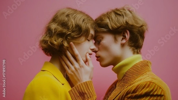 Fototapeta Two individuals in yellow outfits softly touch foreheads, expressing intimacy and affection against a vibrant pink backdrop.