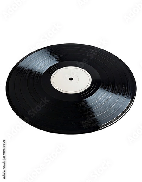 Fototapeta A black vinyl record with a blank white label centered, subtly reflecting light, sits against a pure black backdrop