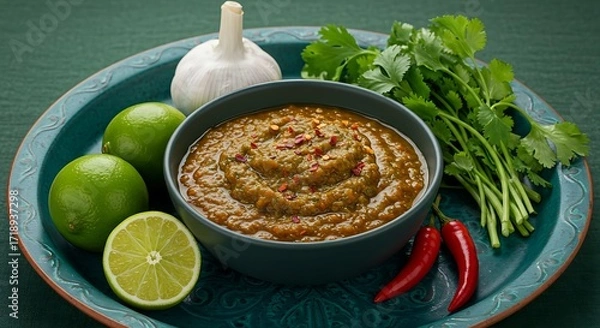 Fototapeta A rustic bowl of chunky salsa, artfully arranged with fresh cilantro, garlic, and limes