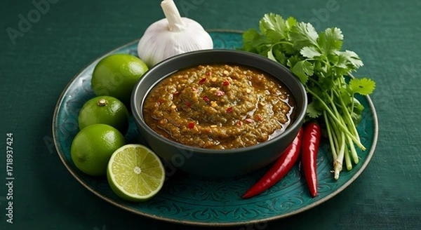 Fototapeta A rustic bowl of chunky salsa, artfully arranged with fresh cilantro, garlic, and limes