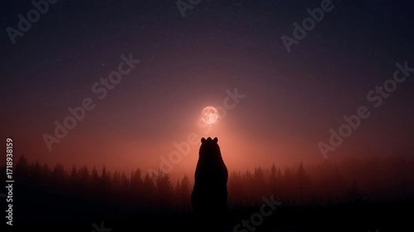 Fototapeta Majestic bear silhouette gazing at full moon against a misty forest backdrop in a serene twilight setting.