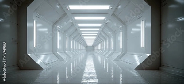 Fototapeta Modern white corridor with sleek lines and futuristic lighting, evoking a sci-fi spaceship or advanced laboratory environment.