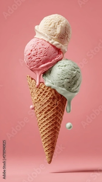 Fototapeta Cool and Fun Waffle Cone with Melting Scoops