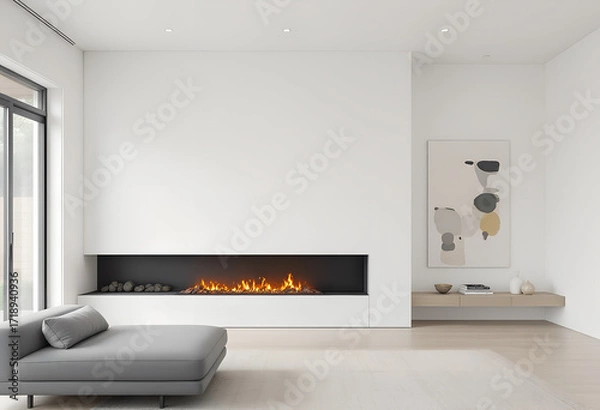 Fototapeta Modern Minimalist Living Room with Built-in Fireplace and Abstract Art