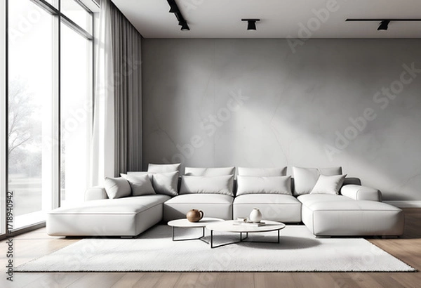 Fototapeta Modern Minimalist Living Room with L-Shaped Sofa and Large Window
