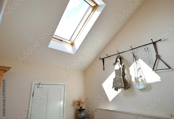 Fototapeta Sunlit Attic Room with Clothes Hanging on a Rail