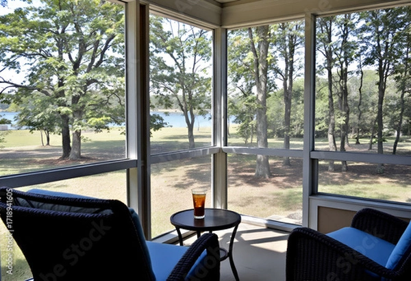 Fototapeta Serene Lakeside View from Screened Porch