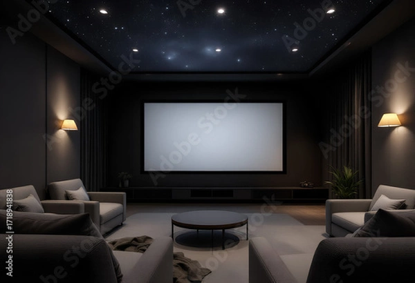 Fototapeta Luxurious Home Theater with Starry Ceiling and Blank Projection Screen